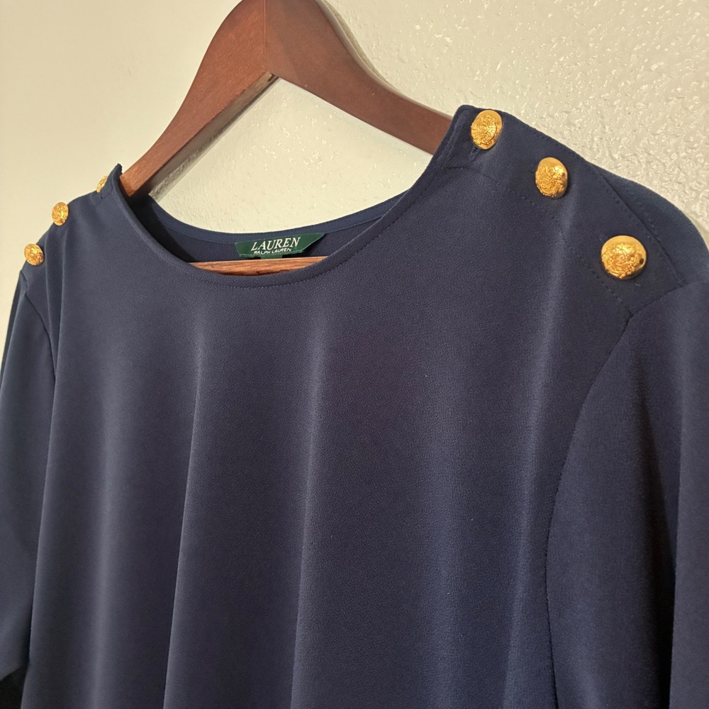 Lauren Ralph Lauren Navy Blue Gold Button Shoulder Tunic Top 2X